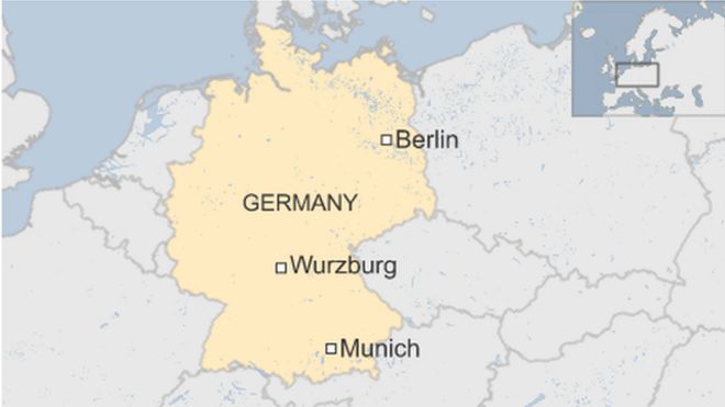 карта с указанием местоположения Вюрцбурга в центральной Германии