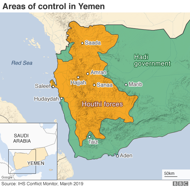 Карта, показывающая контроль над Йеменом (март 2019 года)