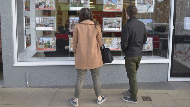 Young people looking in an estate agents' window