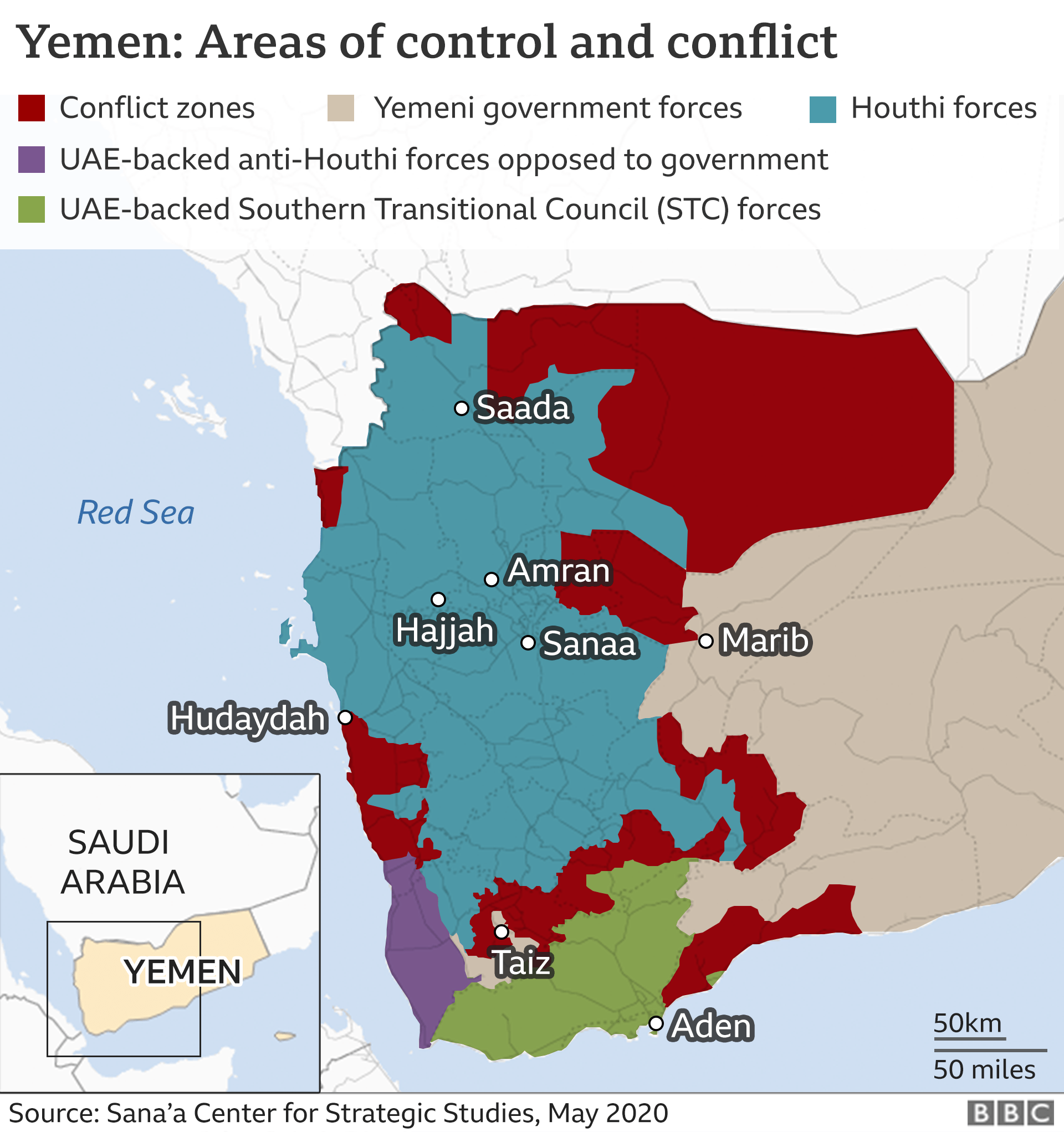 Map of Yemen showing areas of conflict and control (May 2020)