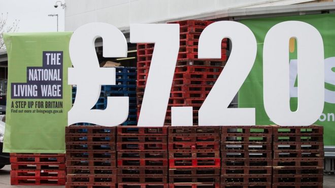7,20 фунтов стерлингов, отображаемых на поддонах в супермаркете Asda в Траффорде, Манчестер, после вступления в силу новой общенациональной прожиточной нормы.