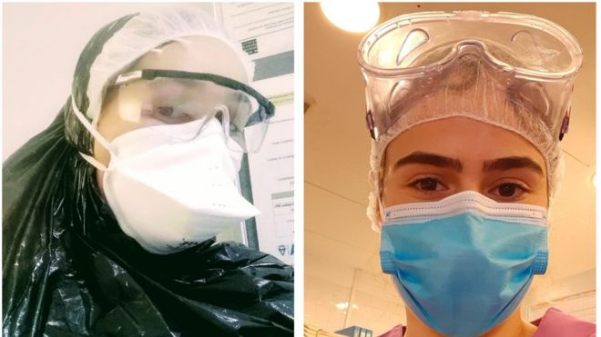 Colagem de fotos da médica Gerytza e da enfermeira Natália. Gerytza, à esquerda, usa sacola plástica na cabeça, além da máscara e óculos. Natália usa máscara, óculos e touca de cabelo