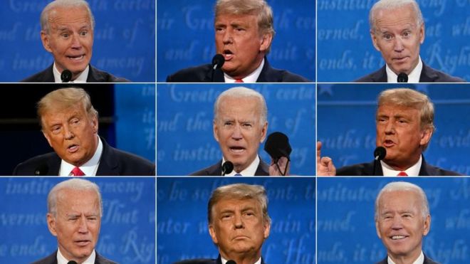 trump ve biden'ın farklı yüz ifadeleri kolajı