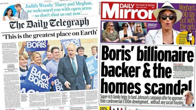 Сводное изображение первых полос Daily Telegraph и Daily Mirror в пятницу