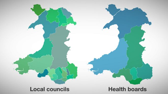 Карты валлийских местных советов и управлений здравоохранения