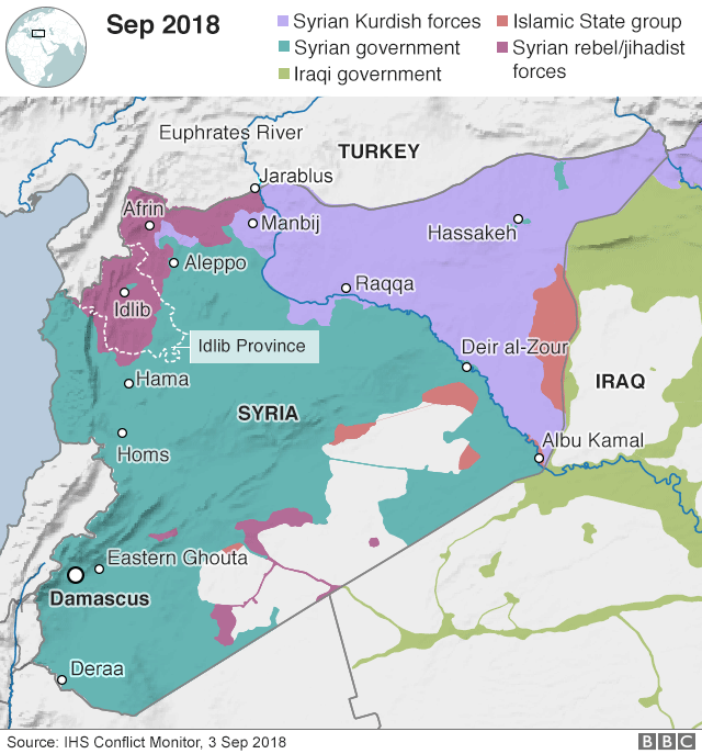 Карта: Районы контроля в Сирии по состоянию на 3 сентября 2018 года