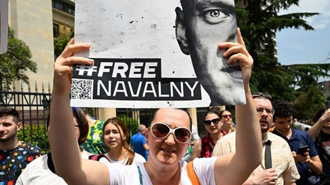 Протестующая с плакатом "Free Navalny" (освободите Навального).)