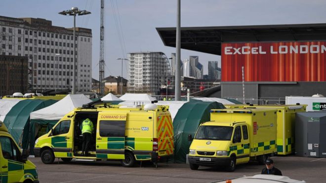 London Ambulance vehicles are seen outside the ExCeL London exhibition centre in London on April 1, 2020, which has been transformed into the NHS Nightingale field hospital to help with the novel coronavirus COVID-19 pandemic