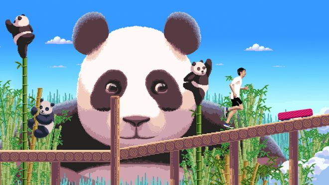 Скриншот игры с изображением панд и бегуна