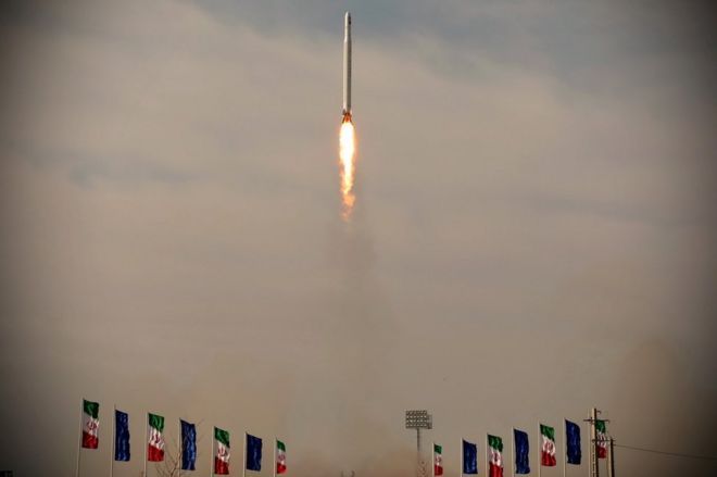 A handout photo showing what Iran's Islamic Revolution Guard Corps (IRGC) says is the launch of a military satellite on 22 April 2020