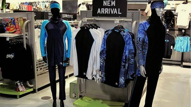 The Islamic full-length swimming suit known as Burqini is displayed on mannequins at a sports store in Dubai on August 23, 2009