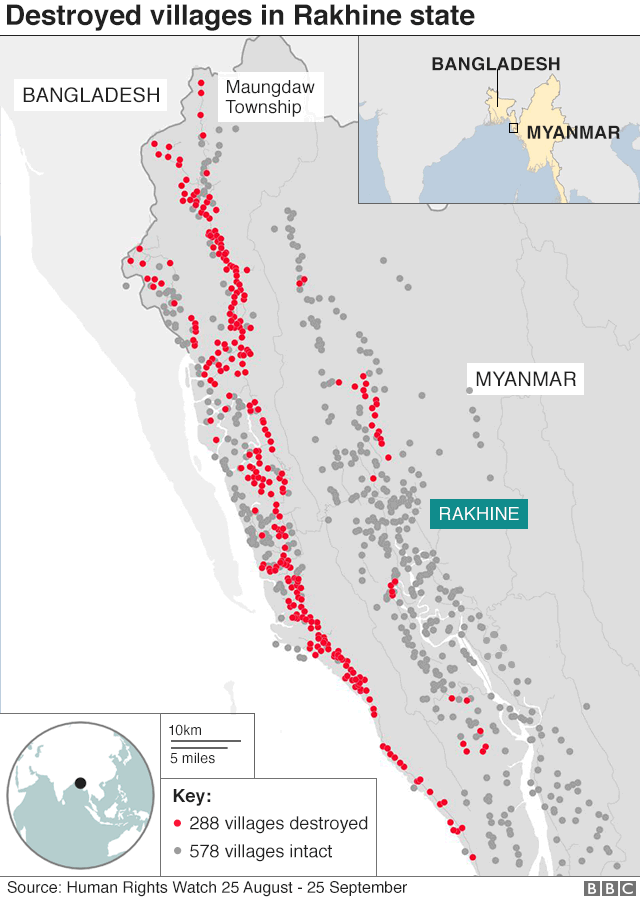 Map showing location of burned villages in Myanmar - and those left intact