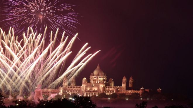 Fireworks over Jodhpur celebrating the wedding of Priyanka Chopra and Nick Jonas, on 1 December 2018
