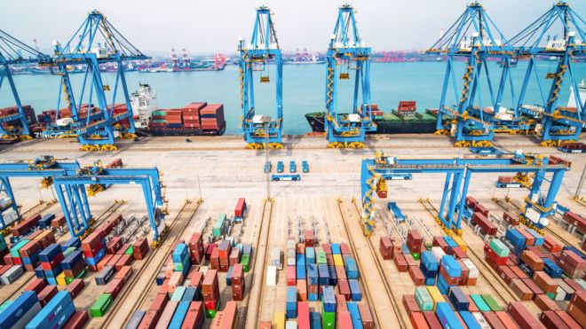 An aerial view of a port in Qingdao in China's eastern Shandong province on March 8, 2019