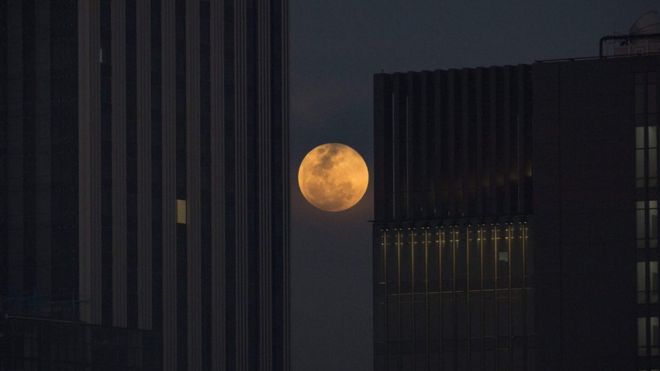 Siêu trăng đang lên giữa hai tòa nhà cao tầng ở Bangkok, Thái Lan.