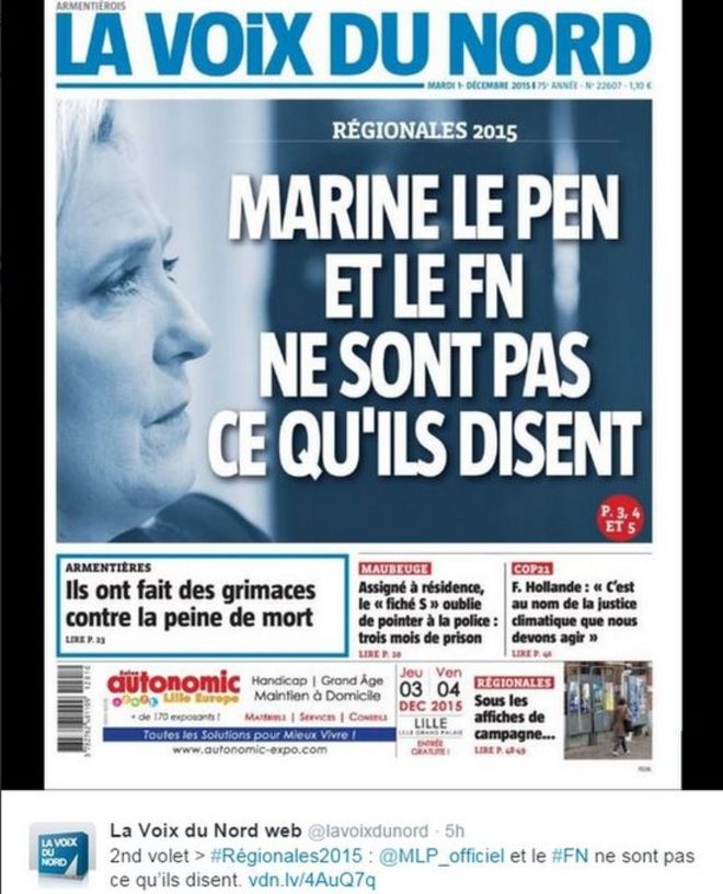 Заголовок баннера La Voix du Nord во вторник: «Марин Ле Пен и FN - это не то, что они говорят». (1 декабря)
