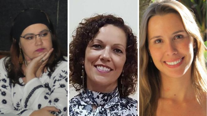 Colagem das fotos de três cientistas: Ariadne Marra (esq.), Simone Hickmann (centro) e Fabienne Ferreira (dir.)