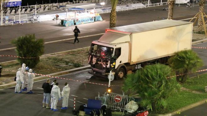 Nice terror attack: Forensic officers investigate a truck after it ploughed through Bastille Day revellers in the French resort city of Nice, France, Thursday, July 14, 2016.