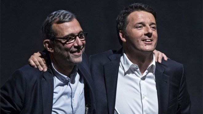 Левоцентристская Демократическая партия (ПД) Кандидат в мэры Рима Роберто Джачетти (слева) и премьер-министр Италии Маттео Ренци (справа) во время митинга в Риме