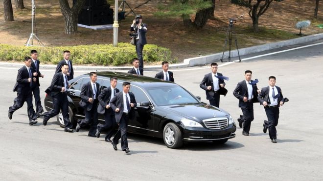 North Korean Leader Kim Jong Un heads to the north side for luncheon in the car escorted by North"s bodyguards from the Peace House during the Inter-Korean Summit on April 27, 2018 in Panmunjom, South Korea
