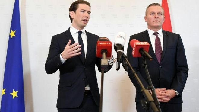 Канцлер Австрии Себастьян Курц (слева) и министр обороны Марио Кунасек на пресс-конференции в Вене. Фото: 9 ноября 2018 года