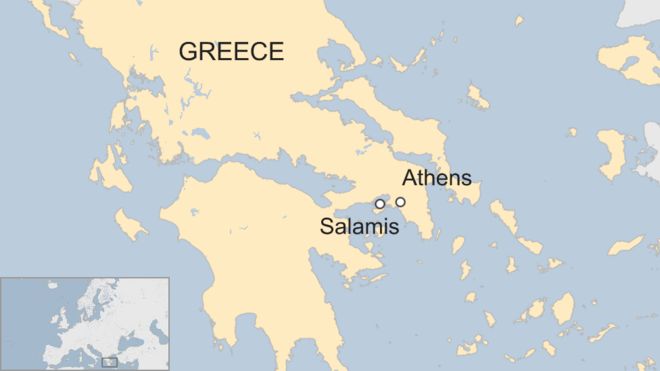 Карта, показывающая остров Саламин и местоположение Афин