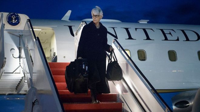 Then US Under Secretary for Political Affairs Wendy Sherman arrives at Andrews Air Force Base in Maryland in 2015