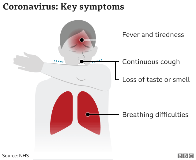 Ключевые симптомы коронавируса: высокая температура, кашель, затрудненное дыхание, потеря вкуса или запаха