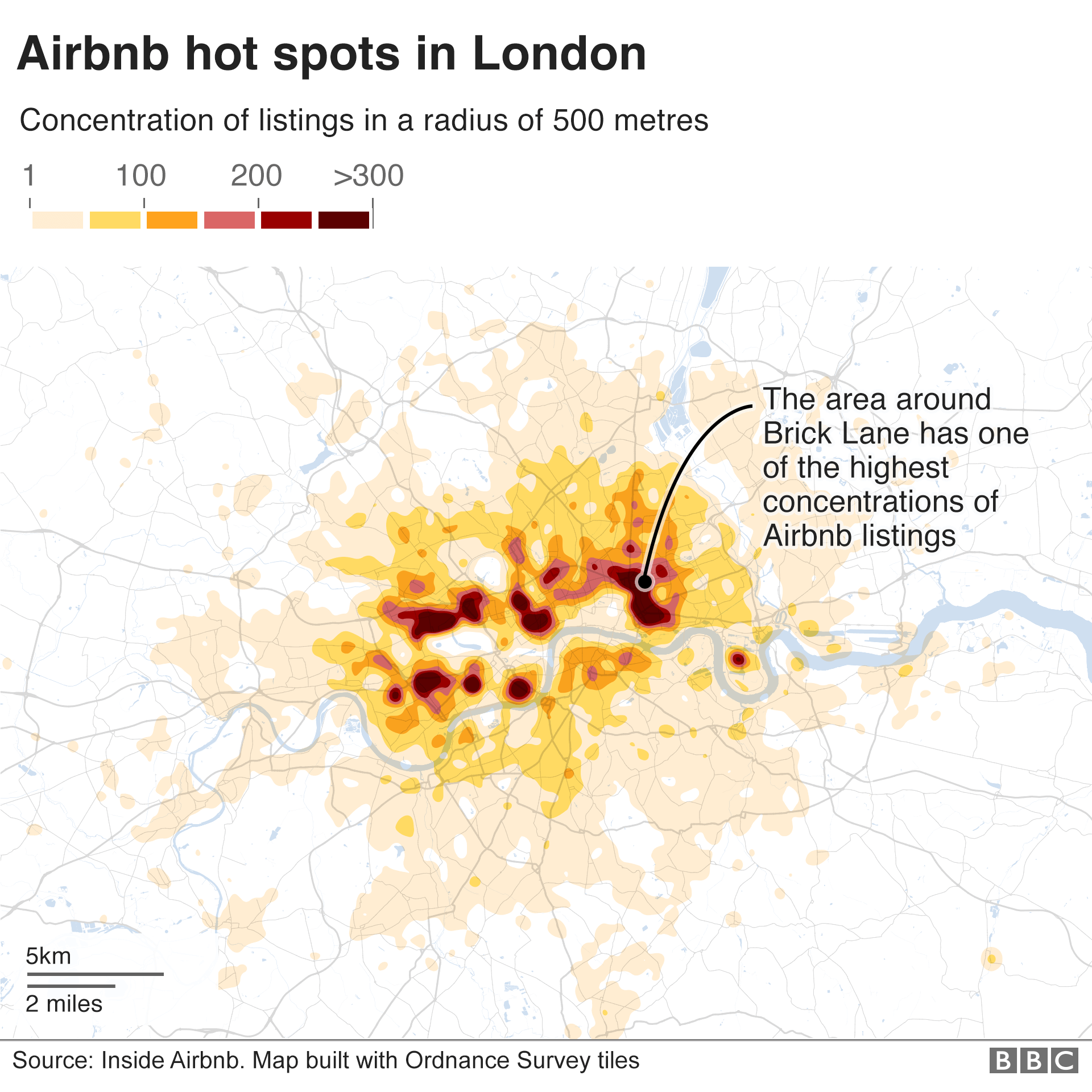 Карта, показывающая районы Лондона с большинством списков Airbnb