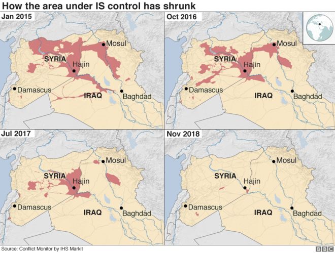 Four maps showing how the area controlled by IS has shrunk between Jan 2015 and Nov 2018