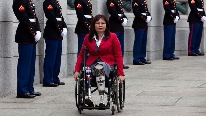 Tammy Duckworth arrives at a World War II Memorial ceremony to pay tribute to World War II veterans of the Pacific on March 11, 2010