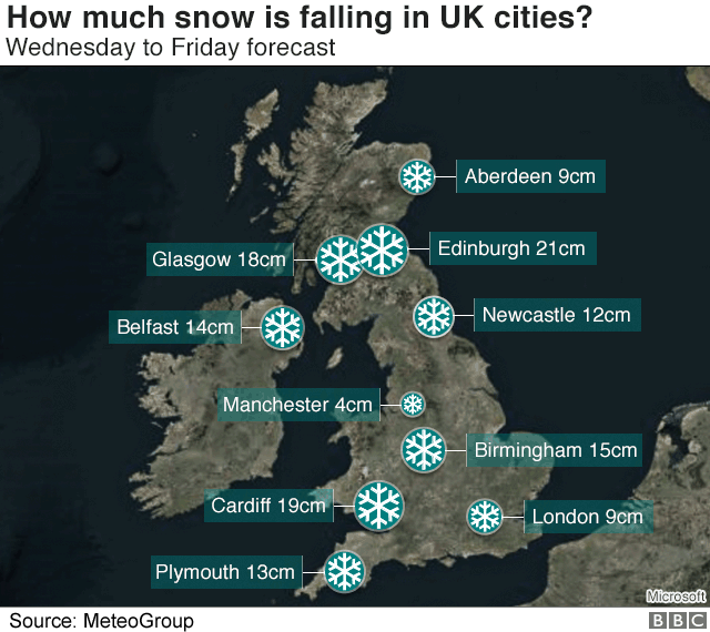 Карта с указанием снегопада в разных городах