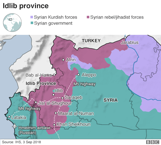 Карта, показывающая контроль над провинцией Идлиб, Сирия (3 сентября 2018 года)