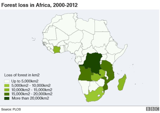Карта, показывающая вырубку лесов в Африке