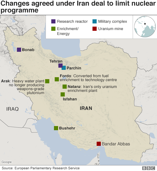 Карта, показывающая сайты, связанные с ядерной программой Ирана