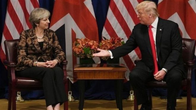 Waziri mkuu wa Uingereza bi Theresa May na mwenzake wa Marekani Donald Trump alipozuru taifa hilo.