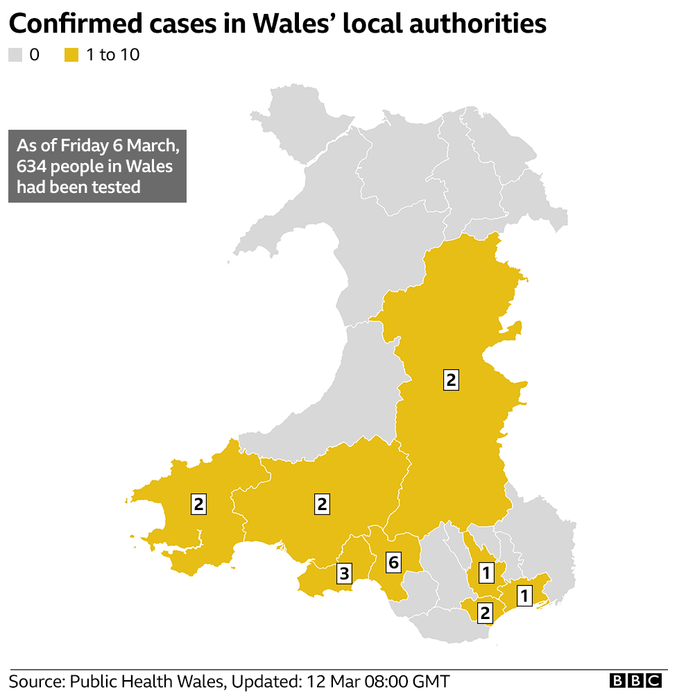 Карта случаев коронавируса в Уэльсе