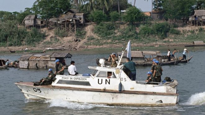 Troops from UNTAC (the United Nations Transitional Authority in Cambodia) patrol the rivers that course through the capital as they prepare the country for elections