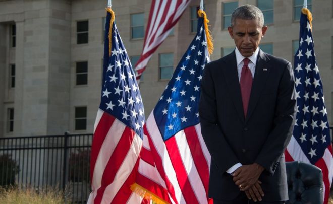 Президент США Барак Обама принимает участие в церемонии, посвященной терактам в Пентагоне в Вашингтоне 11 сентября 2001 года