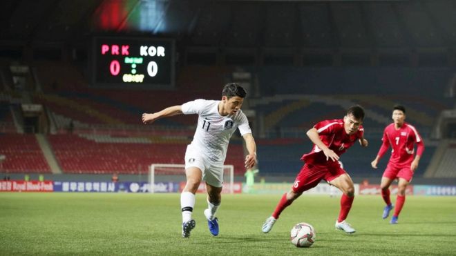 South Korea v North Korea match in front of empty stadium