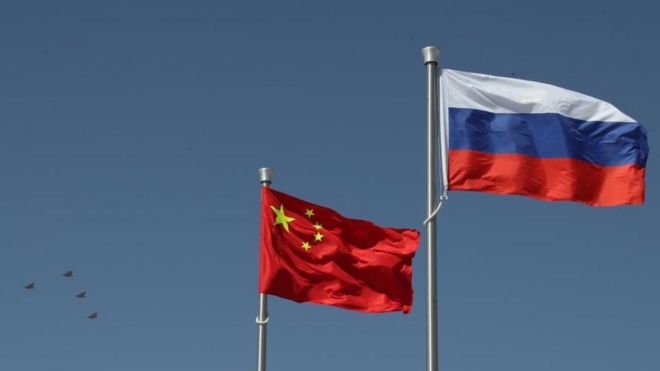 China Russia flags and J20 fighters