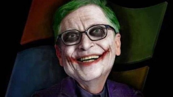 A scary mocked-up image of Bill Gates dressed as the Joker