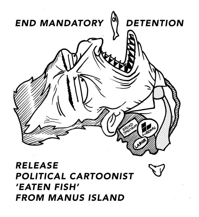 Мультфильм Сэма Уоллмана, показывающий Австралию, как лицо, пытающееся съесть рыбу
