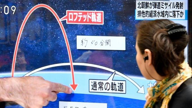北朝鮮のミサイル発射を伝える日本のテレビニュースを見る歩行者（4日、東京）