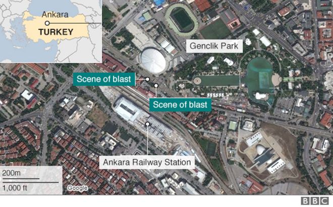Карта, показывающая нападения Анкары