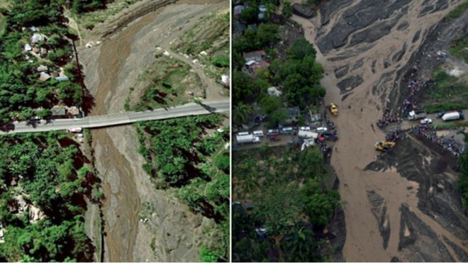 La imagen del antes de un puente en la zona de Petit Goave en Haití y el después que muestra cómo se desplomó dicho puente.