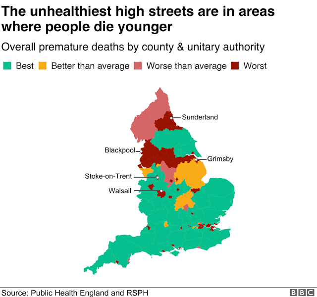 Карта, показывающая, как нездоровые главные улицы находятся в районах, где люди умирают моложе