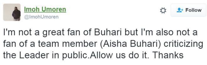 Твиты от Imoh Umoren: Аиша Бухари - мой новый любимый человек !! Я испытываю огромное уважение к людям, которые встают и высказываются за то, во что они верят
