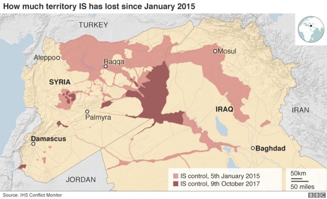 Карта, показывающая, сколько территории занимало ИГ в январе 2015 года и октябре 2017 года