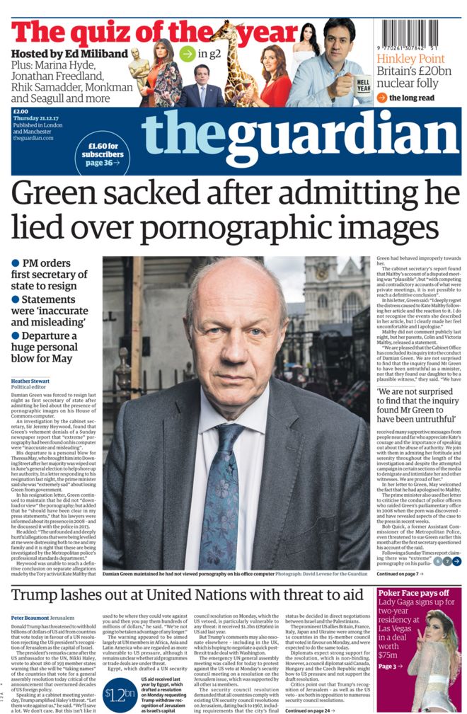The Guardian front page 21/12/2017